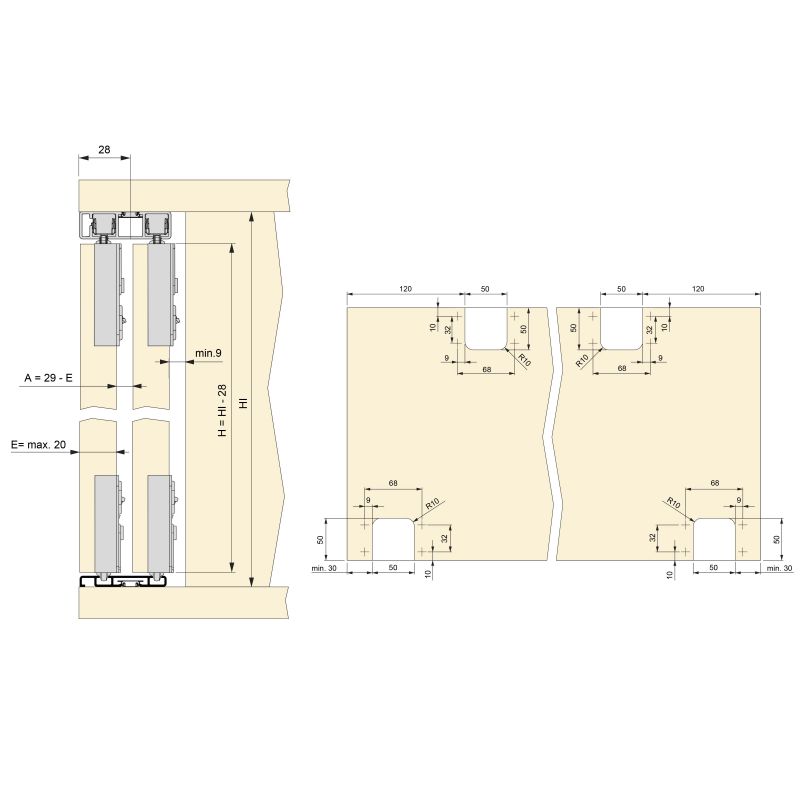 Kit de ferrures Flow pour placard 2 portes coulissantes avec rails de surface 2,35m, panneaux non inclus, Anodisé mat