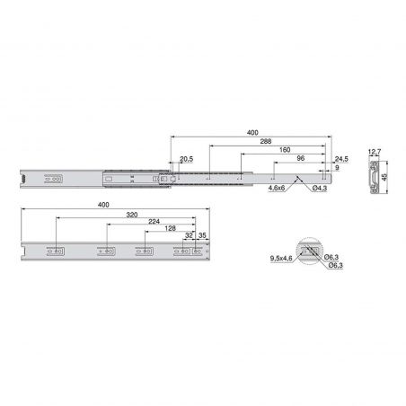 Lot de 5 Coulisses roulement à billes, hauteur 45mm, profondeur 400mm, sortie totale, Zingué Lot de 5 Coulisses roulement à billes, hauteur 45mm, profondeur 400mm, sortie totale, Zingué