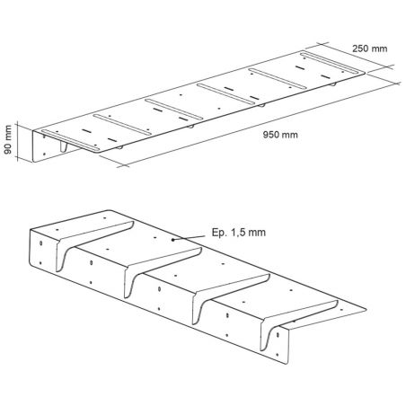 Support PLAK - 950x250 - Finition noir mat: plan top et vue latérale du  rainures et évidements; dimensions 950x250 mm et épaiss
