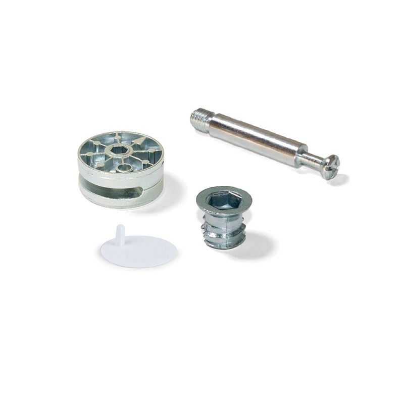 Lot de 10 excentriques diamètre 35mm avec boulon M8 et écrou avec capuchon en plastique, pour planche de 20mm, Blanc