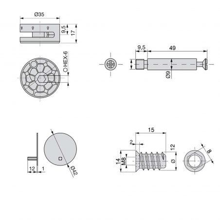 Lot de 10 excentriques diamètre 35mm avec boulon M8 et écrou avec capuchon en plastique, pour planche de 20mm, Blanc Lot de 10 excentriques diamètre 35mm avec boulon M8 et écrou avec capuchon en plastique, pour planche de 20mm, Blanc