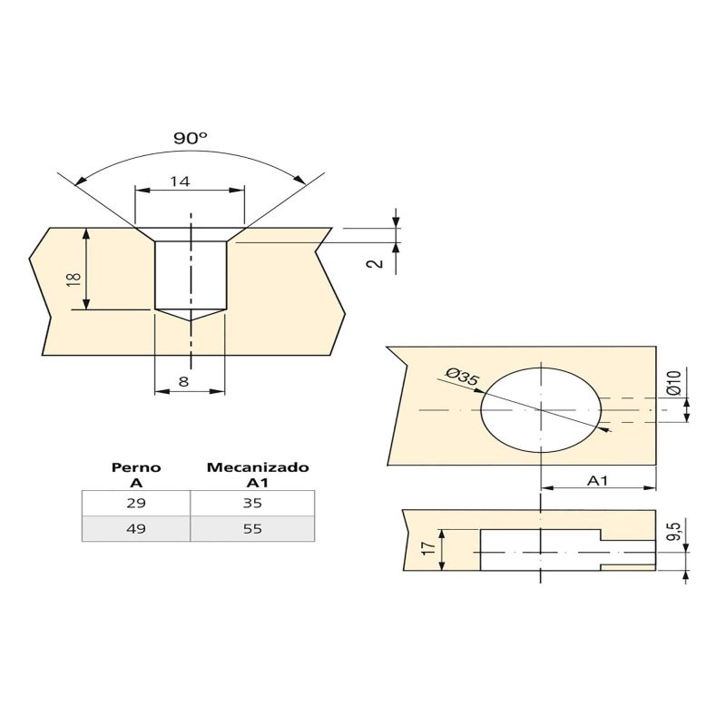 Lot de 10 excentriques diamètre 35mm avec boulon M8 et écrou avec capuchon en plastique, pour planche de 20mm, Blanc