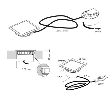 Chargeur à induction encastrable pour plan de travail ORION Noir Mat: schéma montrant câblage USB Type-C et connexion secteur 23