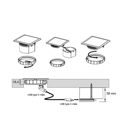 Chargeur à induction encastrable ORION Noir Mat: diagramme d’installation montrant le boîtier, le cadre et le raccord USB-C, ave