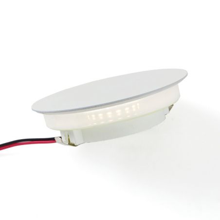 Spot décoratif HALO bibliothèque et meuble LED 2W : disque LED circulaire blanc avec câbles rouge et noir, éclairage intégré.