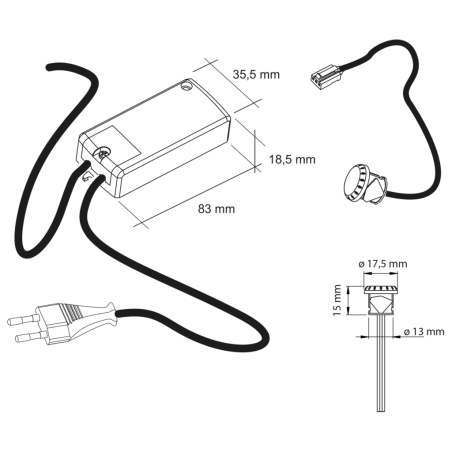 Kit 3 spots HALO MSA France avec interrupteur infrarouge, bloc driver 2W et câbles, dimensions 83×18,5×35,5 mm.