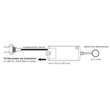 Kit 3 spots HALO MSA France avec interrupteur infrarouge - diagramme technique montrant alimentation 230V AC et récepteur infrar