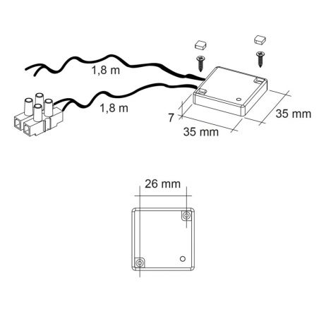Kit 3 spots bibliothèque HALO MSA France 2W 12V avec interrupteur tactile, schéma de câblage et dimensions (26×26 mm, 1,8 m câbl