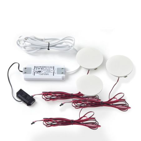 Kit 3 spots bibliothèque HALO MSA France 2W 12V avec interrupteur tactile blanc/noir, alimentation et câbles.