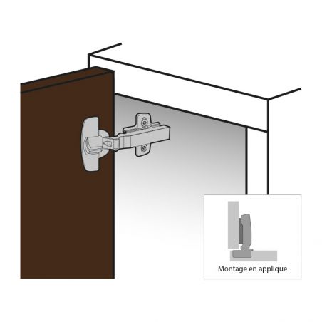 Charnière inox Hettich TH52 105° avec amortisseur, montage en applique sur porte en bois avec fixation murale et bras articulé.