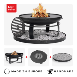 Brasero de jardin VIKING 80 cm avec plaque de cuisson 78 cm à 4 poignées, grille et socle décoratif rond en pierre 100 cm
