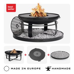 Brasero de jardin VIKING 80 cm avec plaque de cuisson 78 cm à 4 poignées, grille et socle décoratif rond en pierre 100 cm