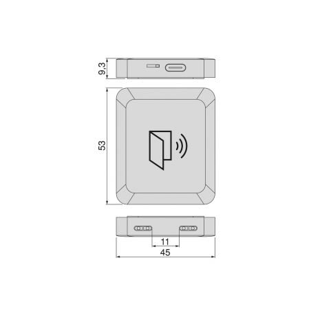 Émetteur LED sans fil Smart Door RF porte – capteur proximité USB-C: vue technique montrant dimensions (53x45 mm), ports USB‑C e