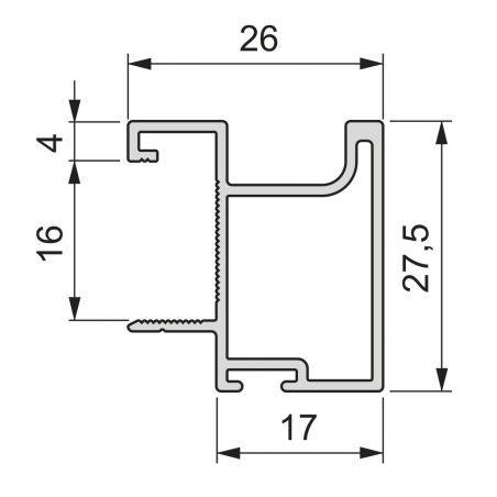 Schéma technique d’une poignée porte coulissante armoire Sharp 16 aluminium 2,7 m – dimensions détaillées montrant profil et mes