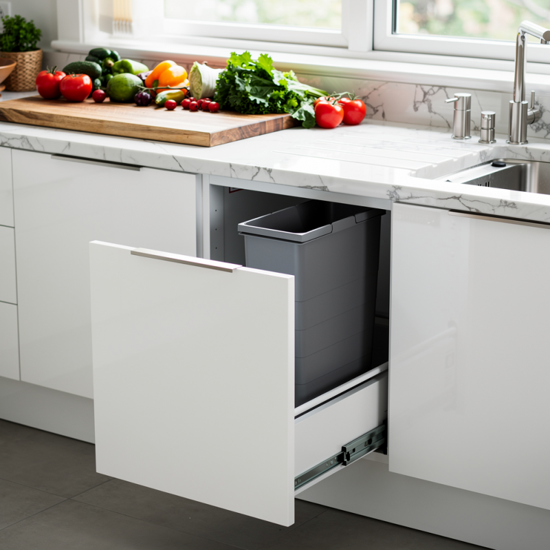 Bac de tri 42L anthracite rangé sous l’évier dans une cuisine moderne, près de plans de travail en marbre et d’un poubelle de ti
