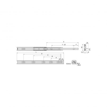 Jeu de coulisses roulement à billes, hauteur 45mm, profondeur 500mm, sortie totale avec supports, Zingué Jeu de coulisses roulement à billes, hauteur 45mm, profondeur 500mm, sortie totale avec supports, Zingué