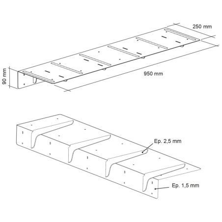 Prolongateur de plan de travail PLAK en acier blanc mat, long 950 mm et profondeur 250 mm, avec renforts, épaisseurs Ep. 2,5 mm