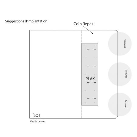 Plan montrant l’emplacement du prolongateur de plan de travail PLAK en acier blanc mat 250 mm, avec coins et repères d’installat