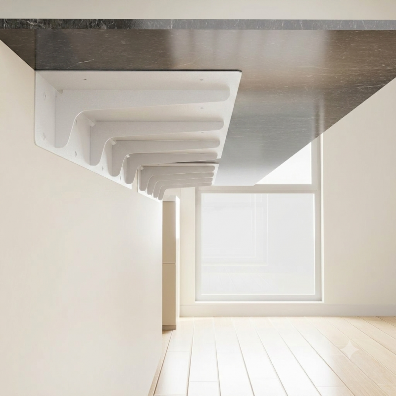 Prolongateur de plan de travail PLAK en acier blanc mat, extension de 250 mm fixé sous un plan de travail blanc dans une cuisine