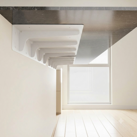 Prolongateur de plan de travail PLAK en acier blanc mat, extension de 250 mm fixé sous un plan de travail blanc dans une cuisine