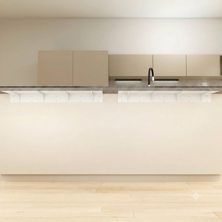 Prolongateur de plan de travail PLAK en acier blanc mat, extension de 250 mm sous un plan de travail moderne avec évier et range