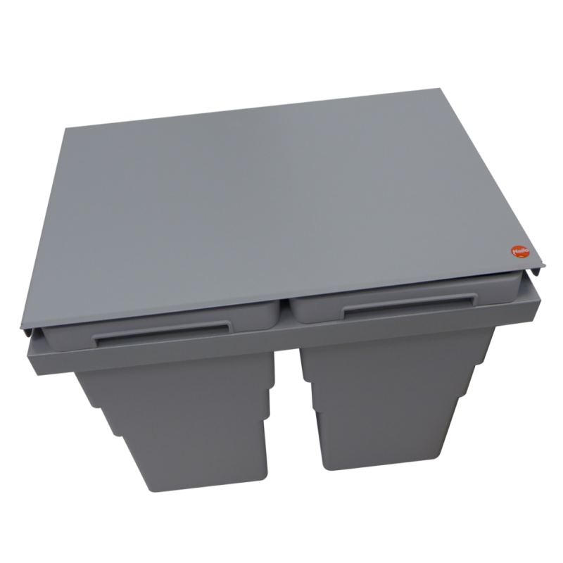 Poubelle pour meuble de 600 mm avec 2 bacs et couvercle fixe gris, ouverture manuelle avec système Soft.