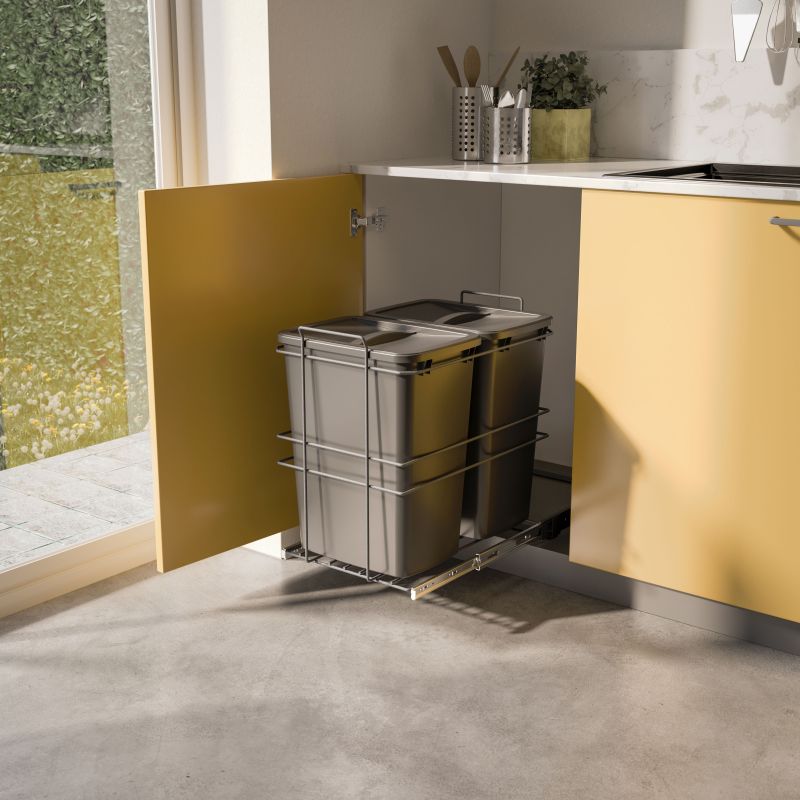 Poubelle de tri Recycle, 2 bacs de 35 L, fixation au sol et extraction manuelle, Gris anthracite