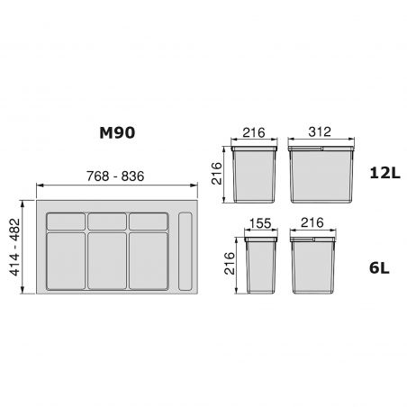 Kit poubelle Recycle avec base 36L 4 bacs pour caisson de 900 mm Kit poubelle Recycle avec base 36L 4 bacs pour caisson de 900 mm
