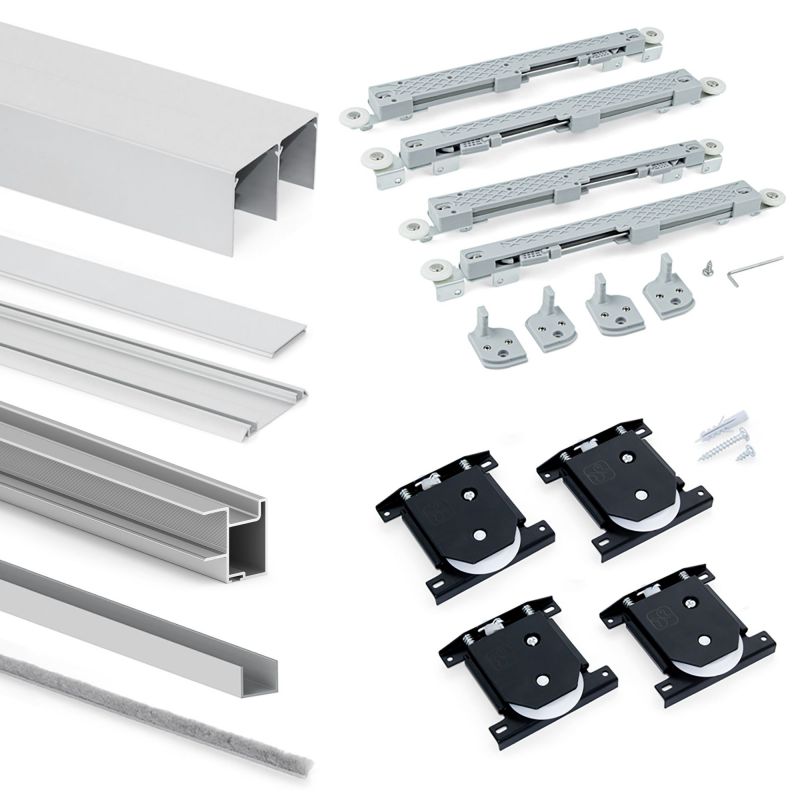 Kit pour Placard 2 portes coulissantes avec ouverture et fermeture amorties, panneaux épaisseur 18mm non inclus, Anodisé mat