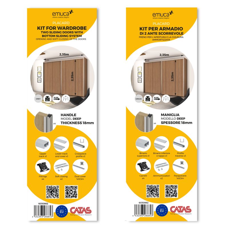 Kit pour Placard 2 portes coulissantes avec ouverture et fermeture amorties, panneaux épaisseur 18mm non inclus, Anodisé mat