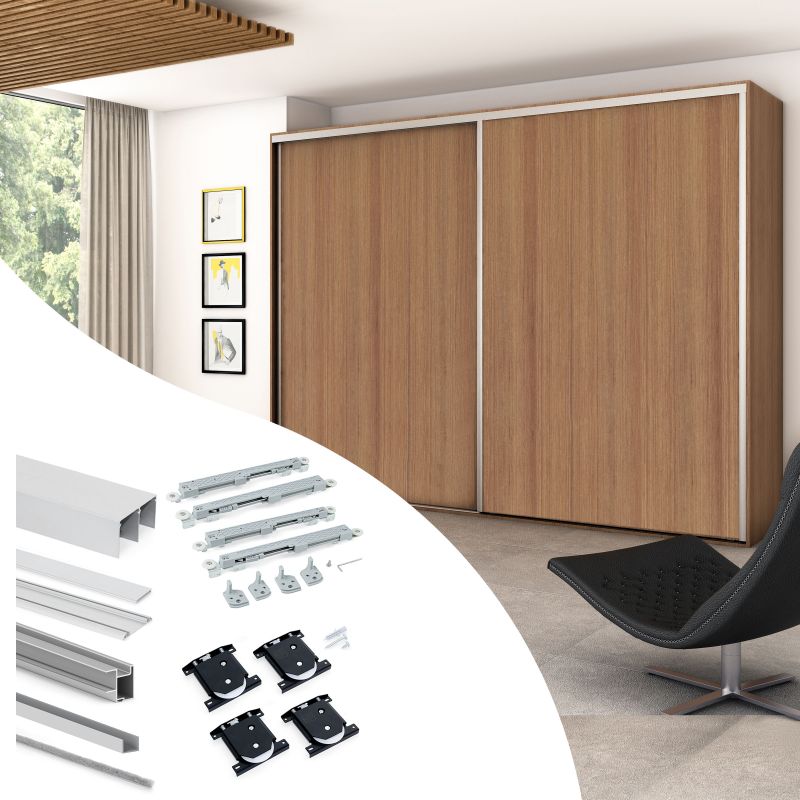 Kit pour Placard 2 portes coulissantes avec ouverture et fermeture amorties, panneaux épaisseur 18mm non inclus, Anodisé mat