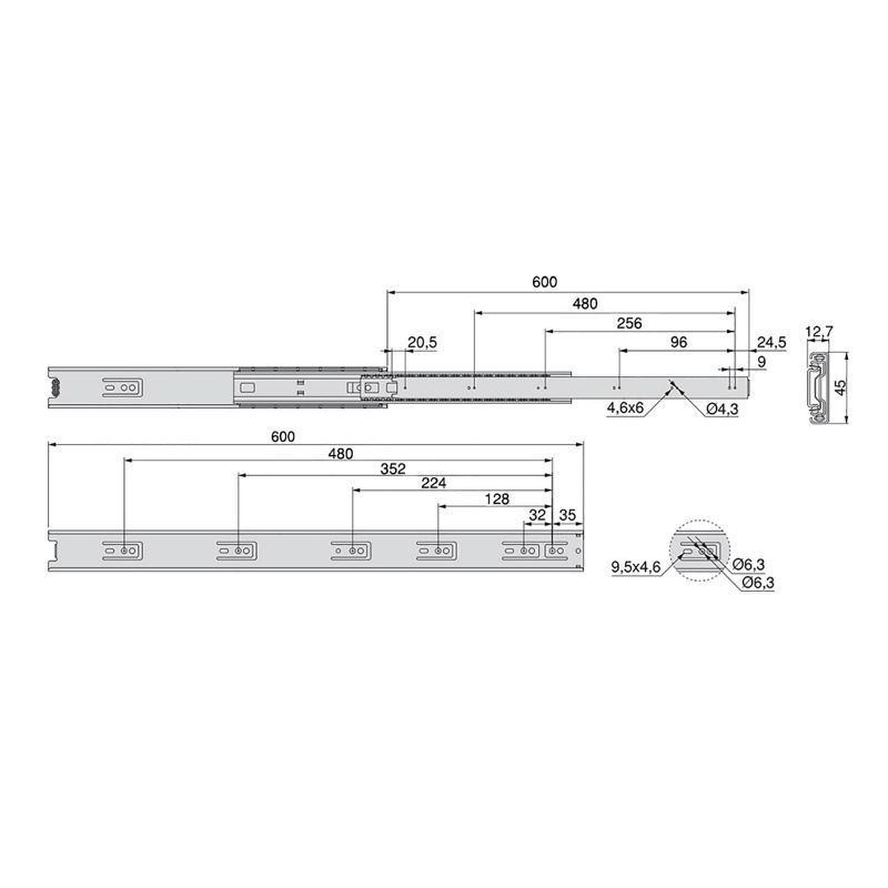 Jeu de coulisses à sortie totale, hauteur 45mm, longueur 600mm, Zingué