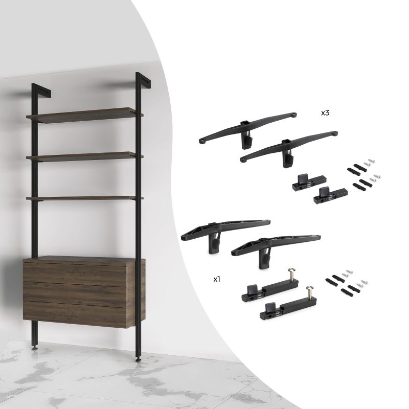 Kit de 3 jeux de supports d'étagères en bois et 1 jeu de supports de modules, Noir