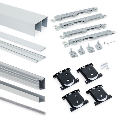 Kit pour Placard 2 portes coulissantes avec ouverture et fermeture amorties, panneaux épaisseur 16mm non inclus, Anodisé mat Kit pour Placard 2 portes coulissantes avec ouverture et fermeture amorties, panneaux épaisseur 16mm non inclus, Anodisé mat