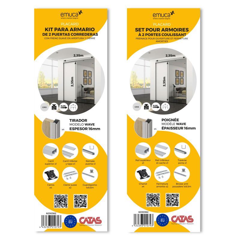 Kit pour Placard 2 portes coulissantes avec ouverture et fermeture amorties, panneaux épaisseur 16mm non inclus, Anodisé mat