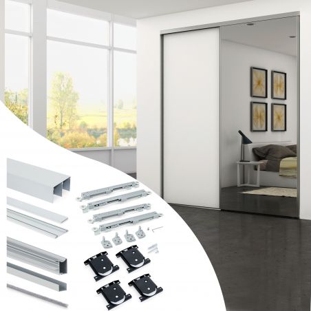 Kit pour Placard 2 portes coulissantes avec ouverture et fermeture amorties, panneaux épaisseur 16mm non inclus, Anodisé mat Kit pour Placard 2 portes coulissantes avec ouverture et fermeture amorties, panneaux épaisseur 16mm non inclus, Anodisé mat