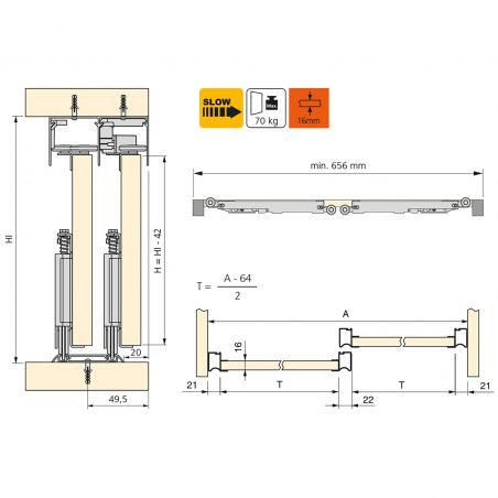 Kit pour Placard 2 portes coulissantes avec ouverture et fermeture amorties, panneaux épaisseur 16mm non inclus, Anodisé mat Kit pour Placard 2 portes coulissantes avec ouverture et fermeture amorties, panneaux épaisseur 16mm non inclus, Anodisé mat