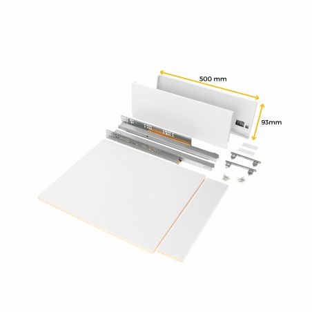 Tiroir Vertex 40 kg hauteur 93 mm, profondeur 500 mm avec panneaux inclus pour caisson de 600 mm, Blanc Tiroir Vertex 40 kg hauteur 93 mm, profondeur 500 mm avec panneaux inclus pour caisson de 600 mm, Blanc