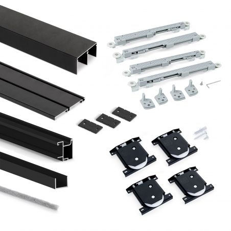 Kit pour Placard 2 portes coulissantes avec ouverture et fermeture amorties, panneaux épaisseur 16mm non inclus, Noir Kit pour Placard 2 portes coulissantes avec ouverture et fermeture amorties, panneaux épaisseur 16mm non inclus, Noir