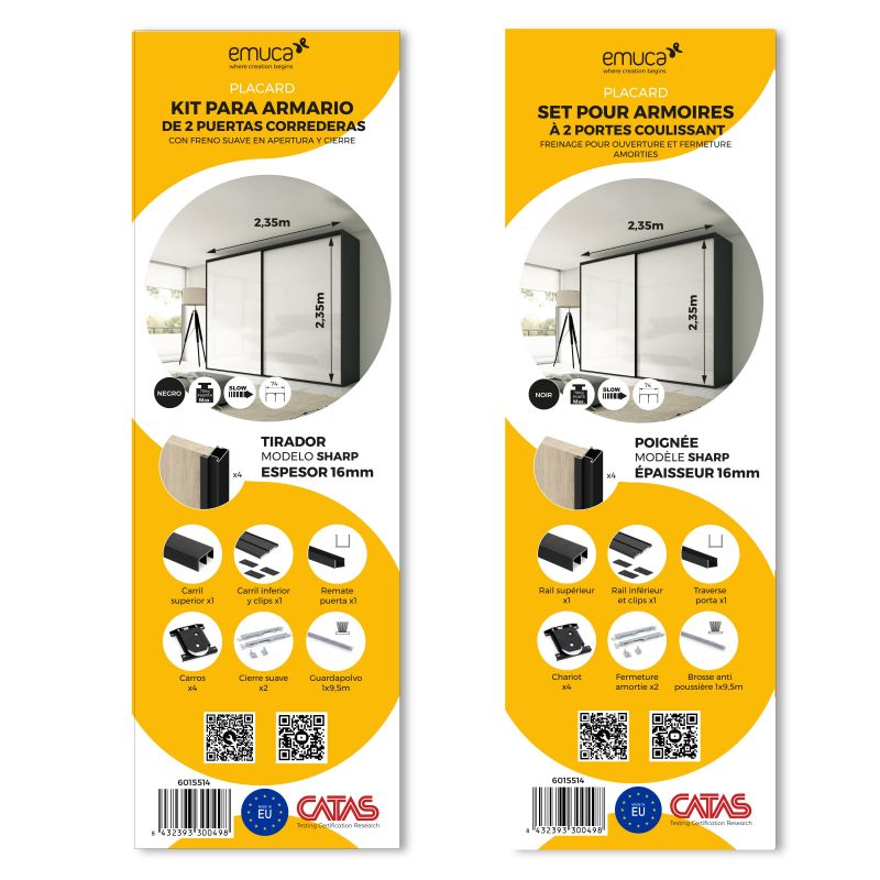 Kit pour Placard 2 portes coulissantes avec ouverture et fermeture amorties, panneaux épaisseur 16mm non inclus, Noir