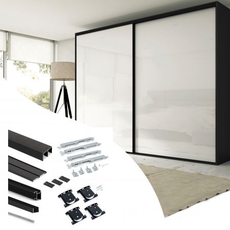 Kit pour Placard 2 portes coulissantes avec ouverture et fermeture amorties, panneaux épaisseur 16mm non inclus, Noir Kit pour Placard 2 portes coulissantes avec ouverture et fermeture amorties, panneaux épaisseur 16mm non inclus, Noir