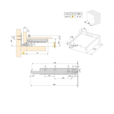 Jeu de coulisses invisibles Silver à sortie totale avec fermeture amortie et verrou, profondeur 340mm, Zingué Jeu de coulisses invisibles Silver à sortie totale avec fermeture amortie et verrou, profondeur 340mm, Zingué