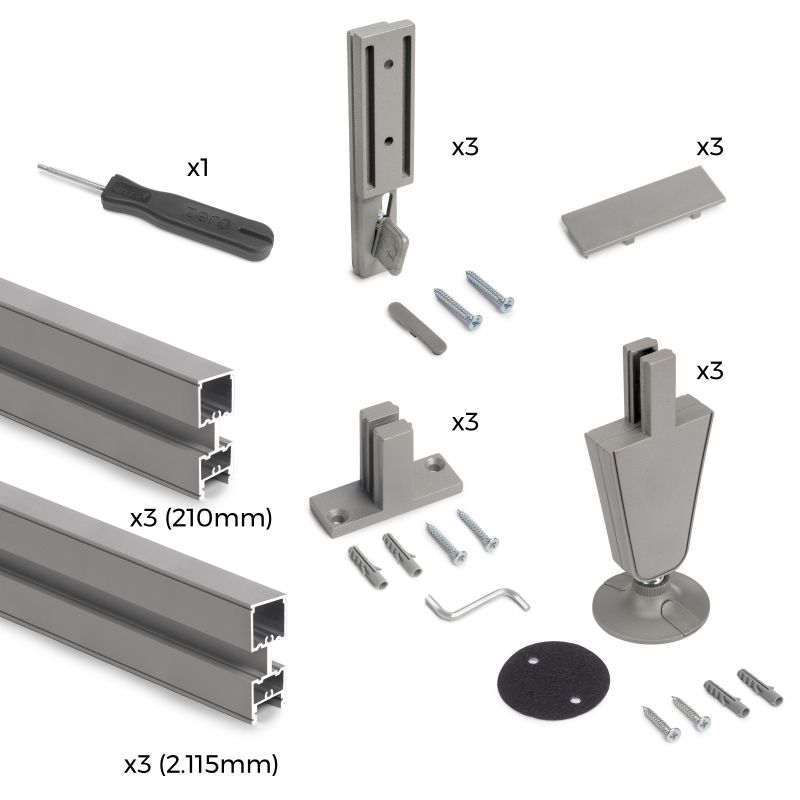 Kit cadre modulaire Zéro avec quincaillerie et 3 profils pour montage au sol et au mur avec niveleur circulaire, Gris
