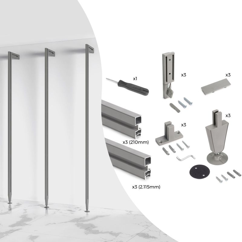 Kit cadre modulaire Zéro avec quincaillerie et 3 profils pour montage au sol et au mur avec niveleur circulaire, Gris