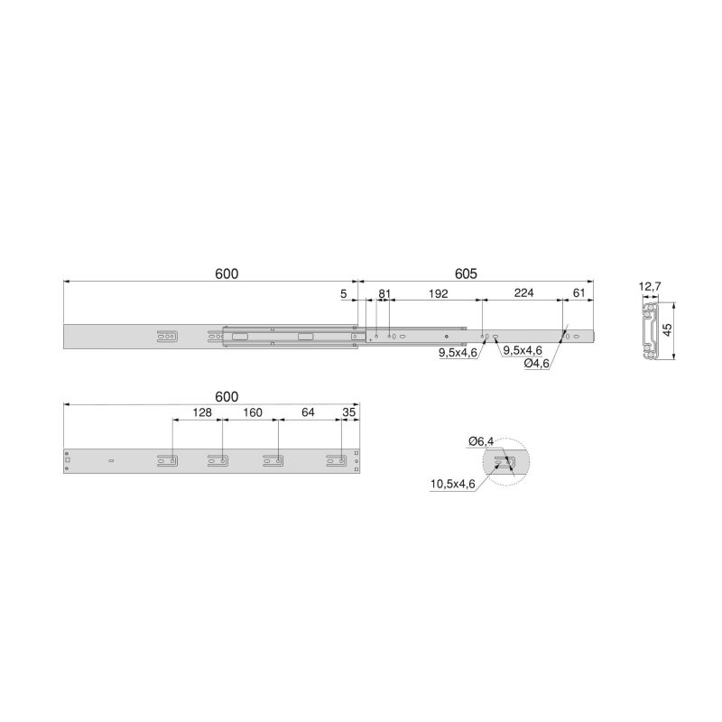 Lot de 5 coulisses roulement à billes, hauteur 45mm, profondeur 600mm, sortie totale, avec amortisseur et push to open