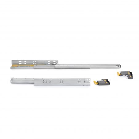 Jeu de coulisses invisibles Silver à sortie totale avec fermeture amortie et loquet, profondeur 490mm, Zingué Jeu de coulisses invisibles Silver à sortie totale avec fermeture amortie et loquet, profondeur 490mm, Zingué