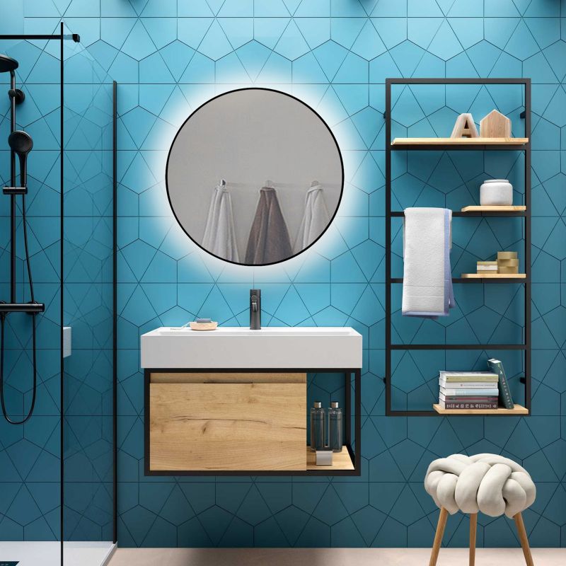 Miroir Zeus avec éclairage décoratif à LED et cadre noir, diamètre 80 cm, AC 230V 50Hz, 12 W