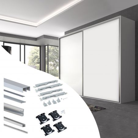 Kit pour Placard 2 portes coulissantes avec ouverture et fermeture amorties, panneaux non inclus, Anodisé mat Kit pour Placard 2 portes coulissantes avec ouverture et fermeture amorties, panneaux non inclus, Anodisé mat