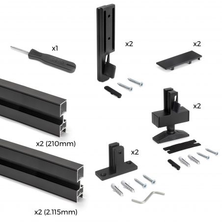 Kit cadre modulaire Zéro avec quincaillerie et 2 profils pour montage au sol et au mur avec niveleur rectangulaire, Noir Kit cadre modulaire Zéro avec quincaillerie et 2 profils pour montage au sol et au mur avec niveleur rectangulaire, Noir