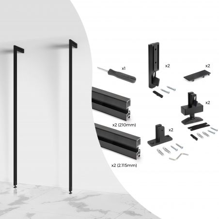 Kit cadre modulaire Zéro avec quincaillerie et 2 profils pour montage au sol et au mur avec niveleur rectangulaire, Noir Kit cadre modulaire Zéro avec quincaillerie et 2 profils pour montage au sol et au mur avec niveleur rectangulaire, Noir